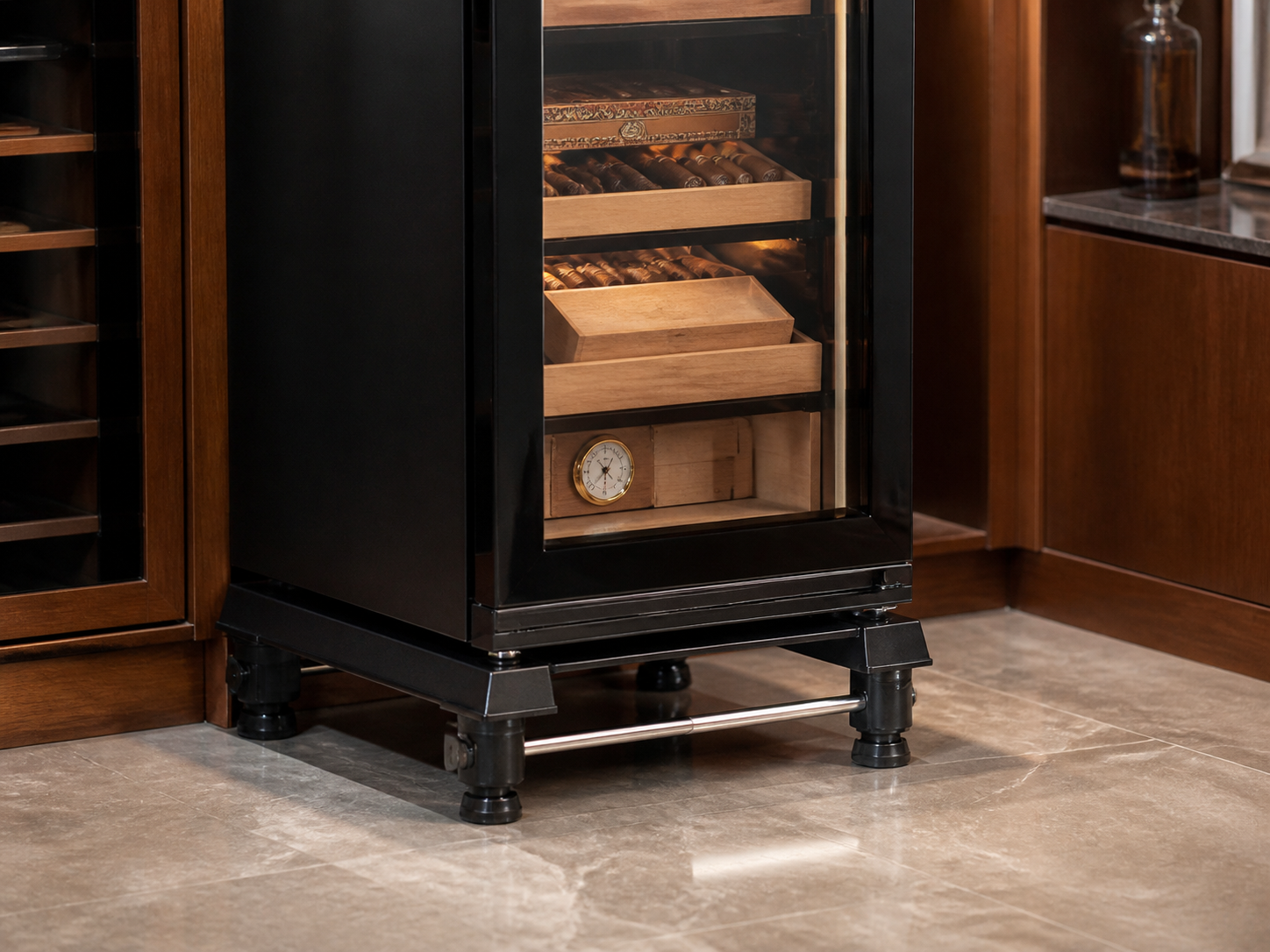 Cigar cabinet supported by an adjustable reinforced base
