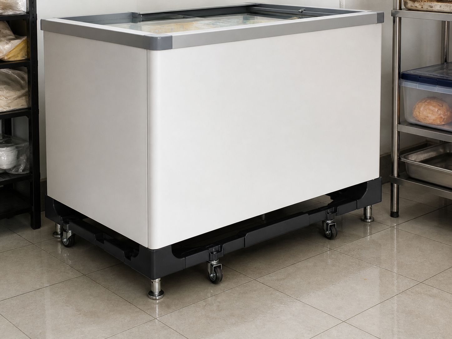 Commercial freezer supported by a reinforced movable base