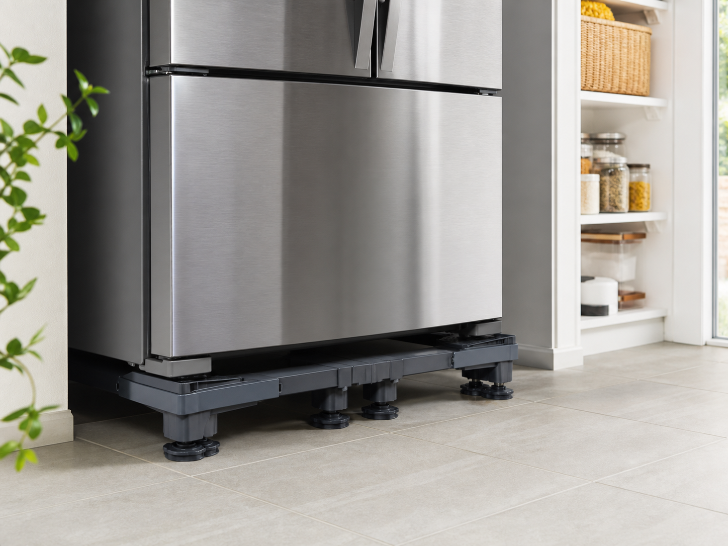Refrigerator standing on a reinforced adjustable base in a kitchen