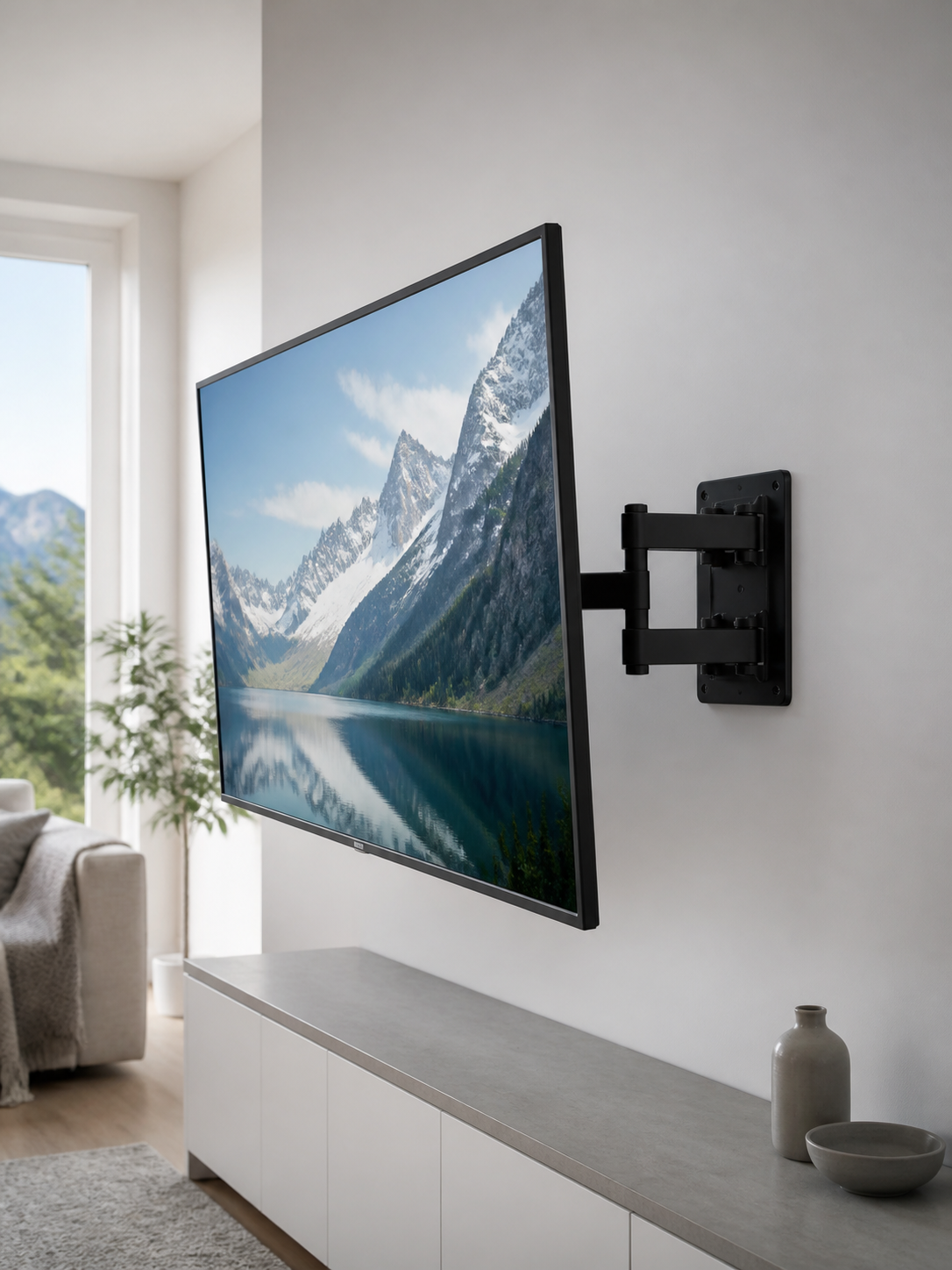 Adjustable TV bracket supporting a wall-mounted television in a living room
