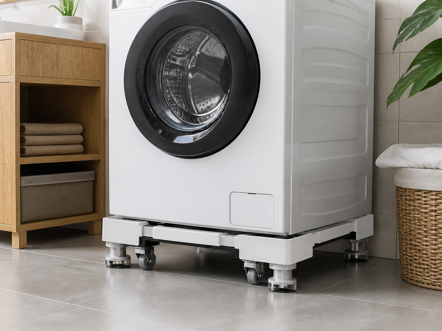 Washing machine raised on an appliance support base in a laundry room