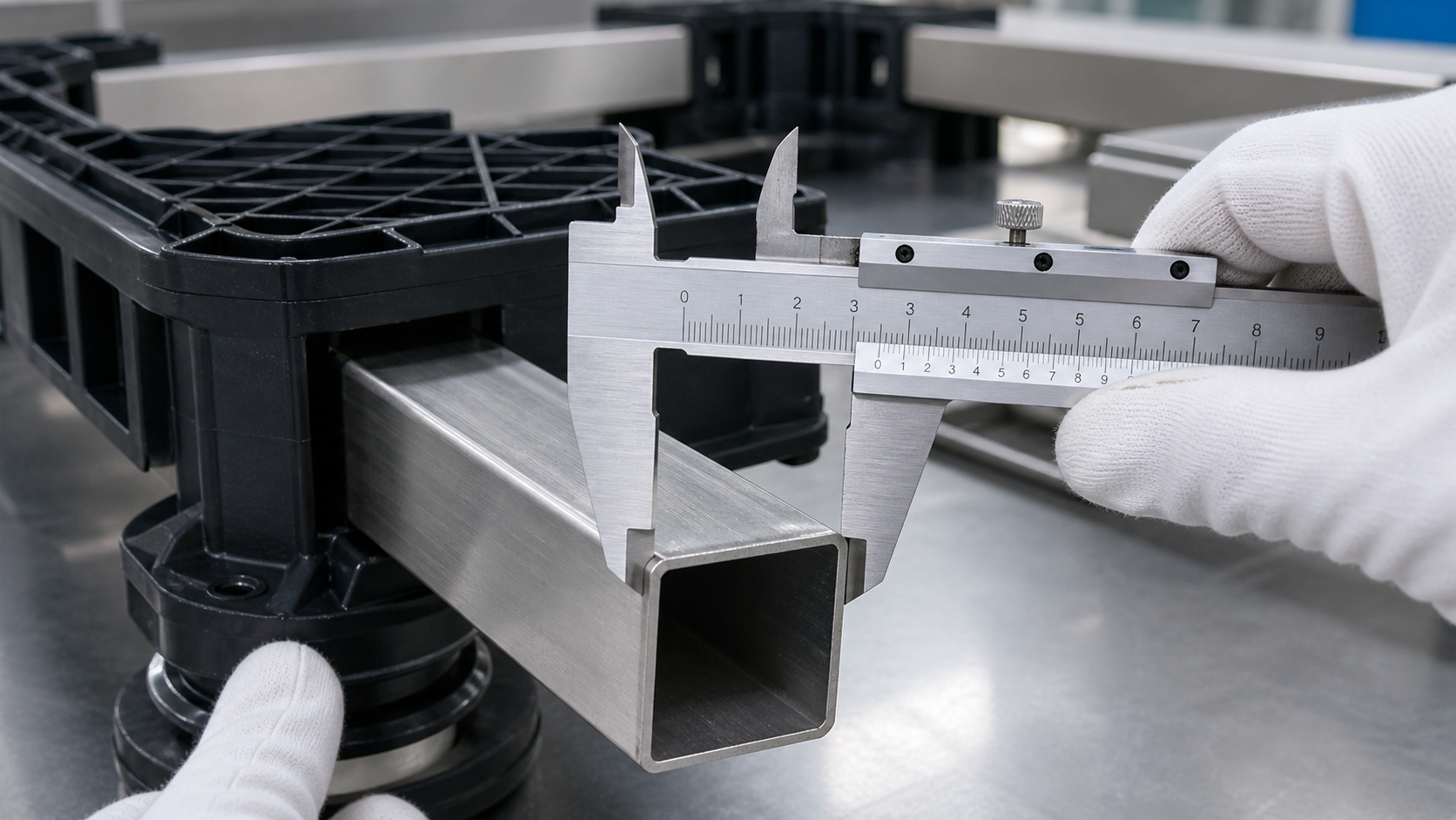 Reinforced appliance base being measured during quality inspection