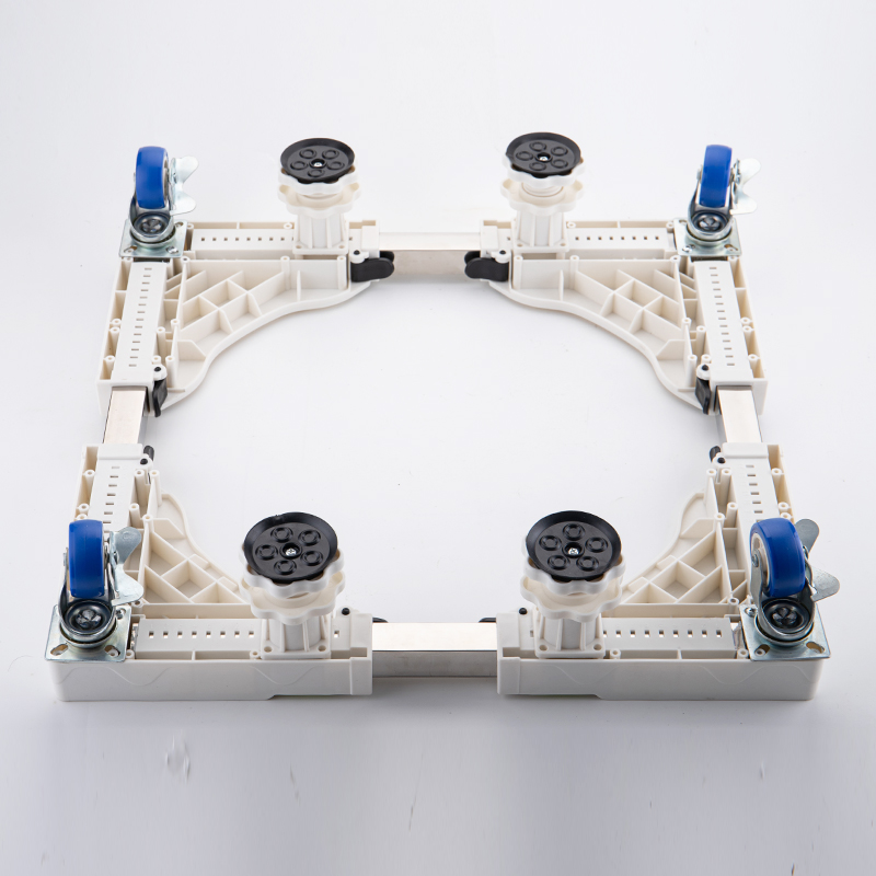 White appliance base with feet and wheels underside view